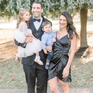 Black satin figure flattering cocktail dress - wedding - event!